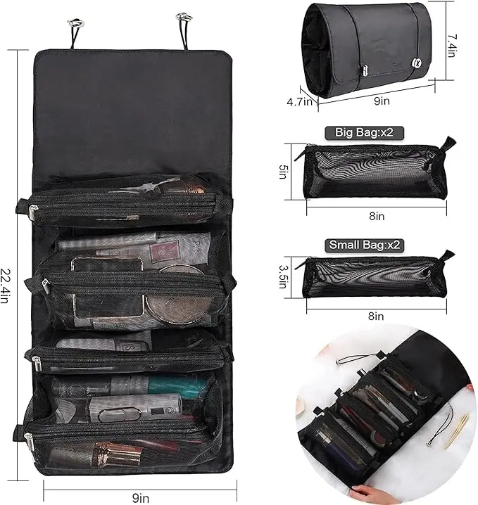 JD FRESH 4 in 1 Large Cosmetic Mesh Bag/Toiletry Pouch for Men and Women/Makeup Organizer/Portable Travel Bag/Makeup Essentials(Black)