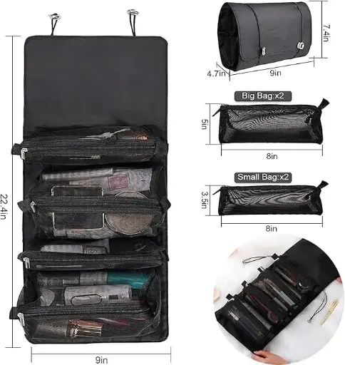JD FRESH 4 in 1 Large Cosmetic Mesh Bag/Toiletry Pouch for Men and Women/Makeup Organizer/Portable Travel Bag/Makeup Essentials(Black)